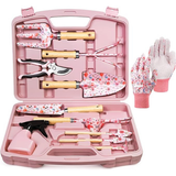 Grenebo 12-Piece Gardening Tool Set with Carrying Case – Heavy Duty Rust-Resistant Garden Tools (Pink)