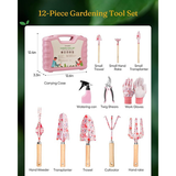 Grenebo 12-Piece Gardening Tool Set with Carrying Case – Heavy Duty Rust-Resistant Garden Tools (Pink)