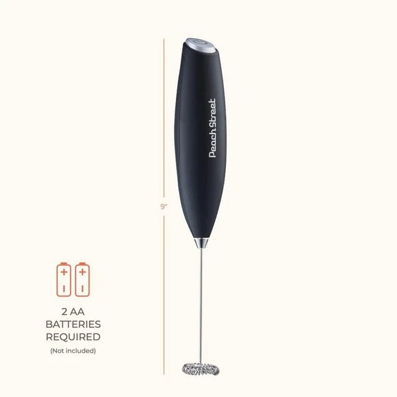 Peach Street black handheld milk frother, 9 inches tall with coiled stainless steel whisk